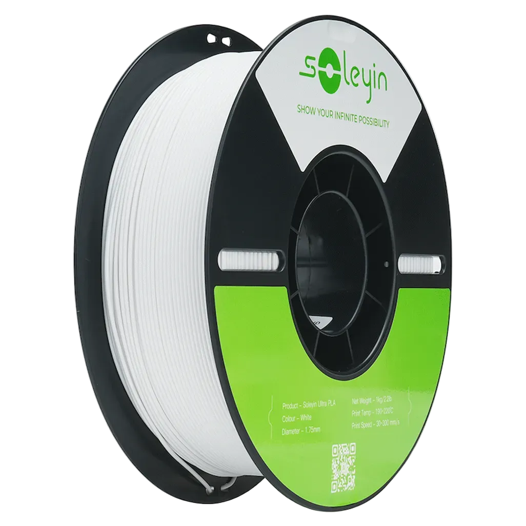 A spool of Soleyin white PLA 3D printing filament, featuring a black and green branded label on a clean white background.