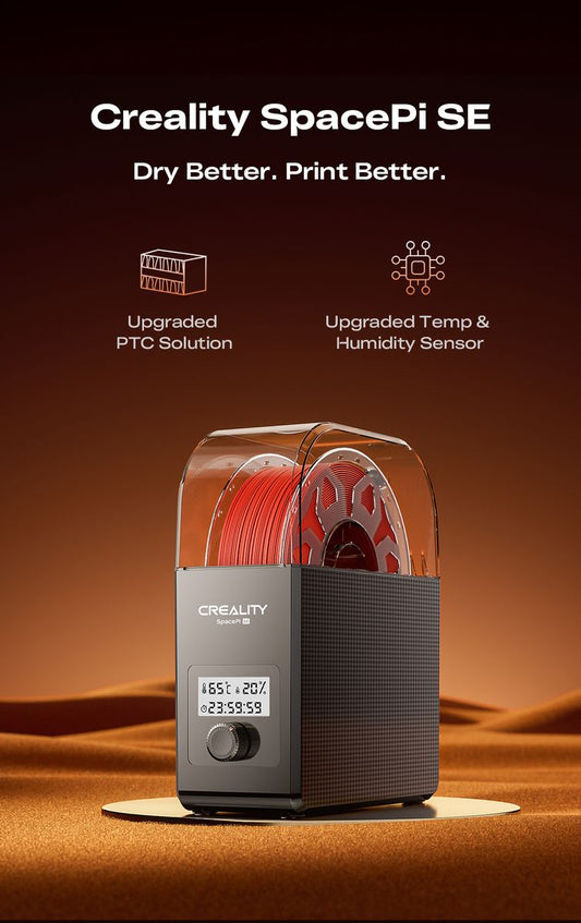 Creality SpacePi SE filament spool dryer with text highlighting features on a brown background