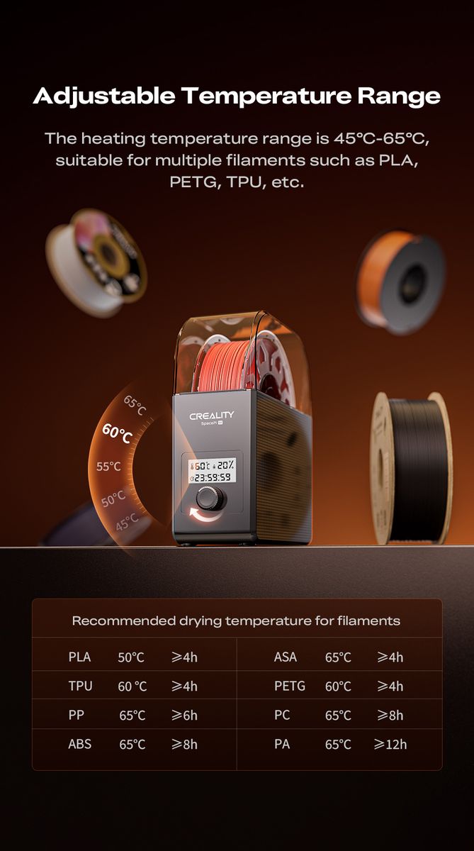 Roll of filament with temperature control display on a dark background, featuring text about adjustable temperature range and recommended drying times for filaments.