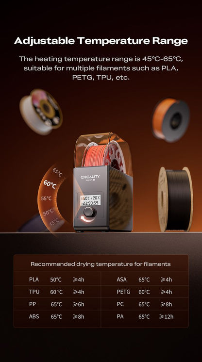 Roll of filament with temperature control display on a dark background, featuring text about adjustable temperature range and recommended drying times for filaments.