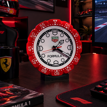 A red and white Formula 1 themed desk clock by TAG Heuer, displayed on a dark wooden desk surrounded by racing memorabilia, including a Ferrari helmet, poster, and branded accessories.