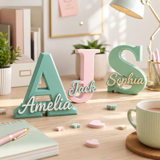 Personalized wooden name letters spelling 'Amelia Jack Sophia' arranged on a light wood desk with a notebook, pen, mug, lamp, and small plants in a bright, styled room.