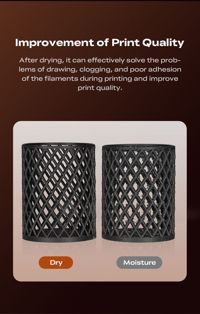 Promotional graphic showing two black cylindrical mesh baskets labeled Dry and Moisture on a beige card over a dark brown background, with text about improving print quality after drying.