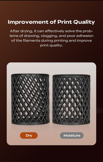 Promotional graphic showing two black cylindrical mesh baskets labeled Dry and Moisture on a beige card over a dark brown background, with text about improving print quality after drying.