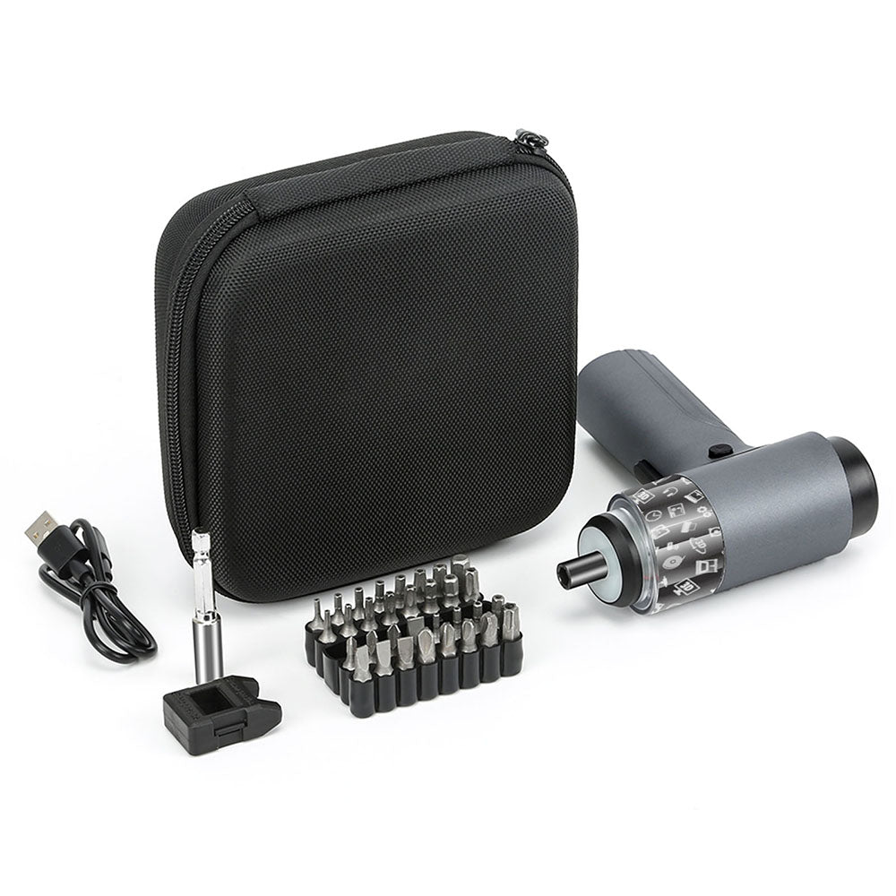 Small drill set with black carrying case, drill bit set, and additional accessories on a white background