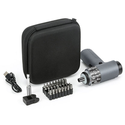 Small drill set with black carrying case, drill bit set, and additional accessories on a white background