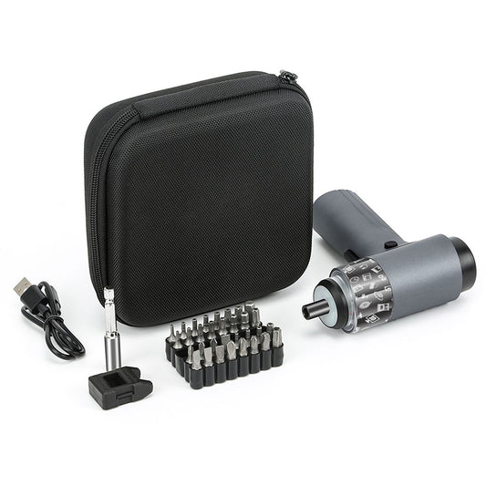 Small drill set with black carrying case, drill bit set, and additional accessories on a white background