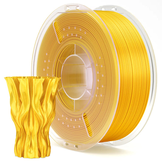 Spool of yellow 3D printing filament with a sample print on a white background