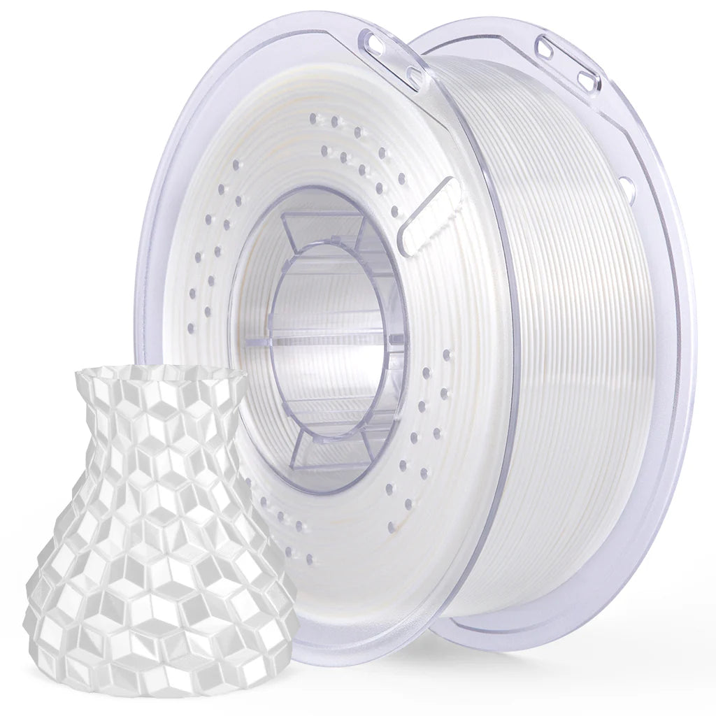 Spool of 3D printing filament with a sample print on a white background