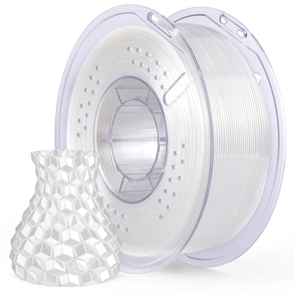 Spool of 3D printing filament with a sample print on a white background