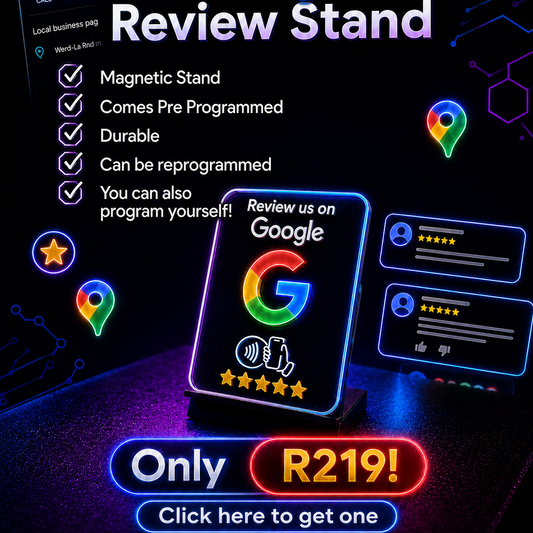 Promotional graphic for an NFC Google review stand, showing a glowing smartphone-style stand in the center with a Google G logo and review stars, surrounded by floating Google Maps pins, review cards, and text listing features like magnetic stand, durable, and programmable. Large text reads 'NFC Google Review Stand' and 'Only R219! Click here to get one'.