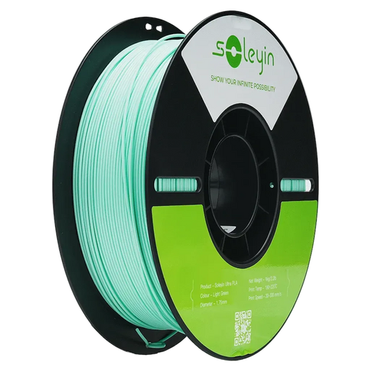 Spool of green filament with Soleyin branding on a white background