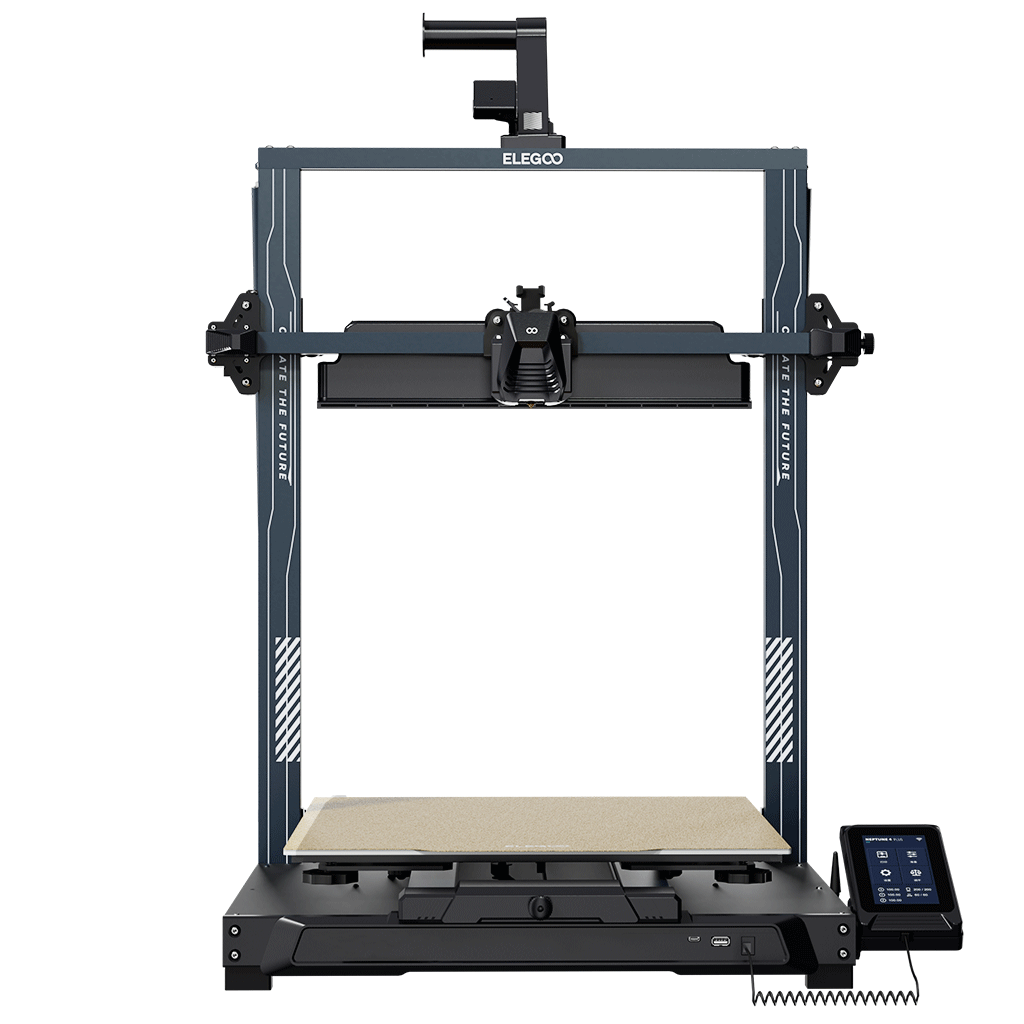 Elegco Brimstone Pro 3 3D printer in dark gray and black with a beige print bed, shown from a front-three-quarter angle on a white background.