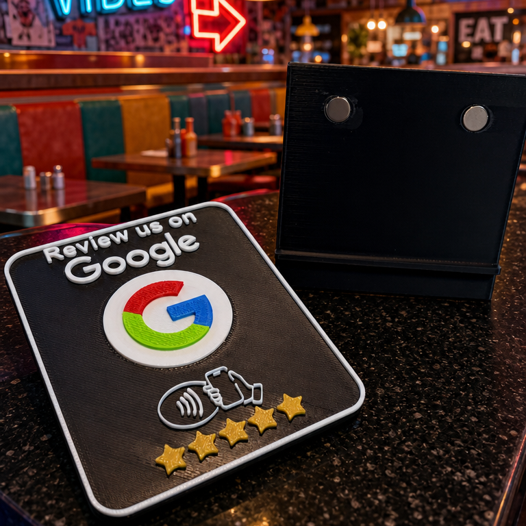 A novelty Google review sign with a black background, white text, the colorful Google logo, a thumbs-down icon, and gold stars, displayed in a restaurant setting next to a black speaker.