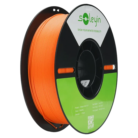 Spool of orange filament with Soleyin branding on a white background