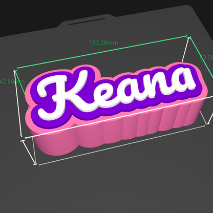 A 3D-rendered pink and purple personalized name sign reading “Kean” with white lettering, shown on a dark gray background with green and white dimension lines and measurements.