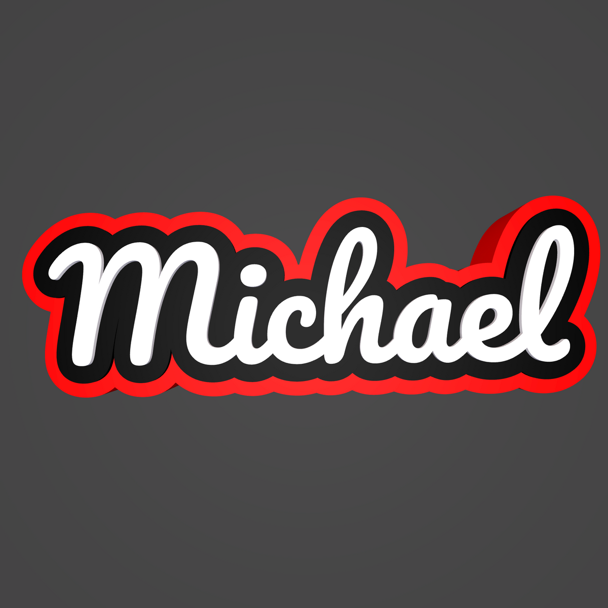 A stylized cursive nameplate reading "Michael" in white with a black outline and a bold red outer border, shown on a dark gray background.