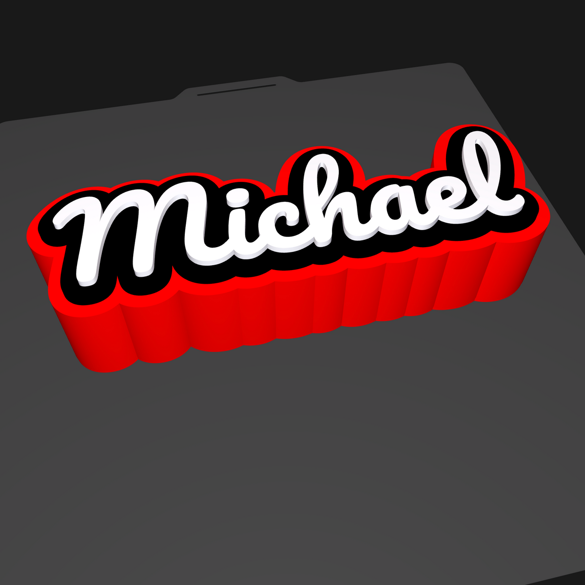 A 3D personalized name sign spelling 'Michael' in white cursive letters with a black outline and a bold red base, shown on a dark gray surface against a black background.
