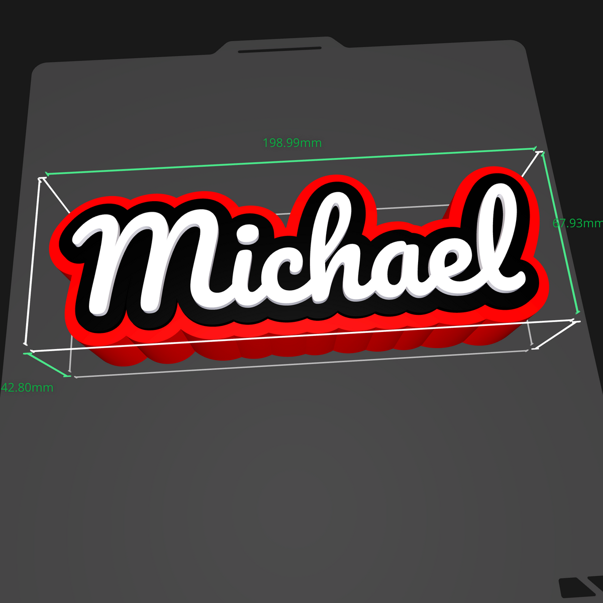 A 3D digital rendering of a custom name decal spelling 'Michael' in white script with a black outline and red shadow, shown with green dimension lines on a dark gray background.