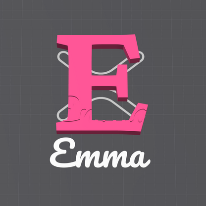 A digital preview of a custom SVG cut file for a laser cutter, showing a pink capital letter 'E' with a white outline and the name 'Emma' in white script below, displayed on the SparkX software interface.