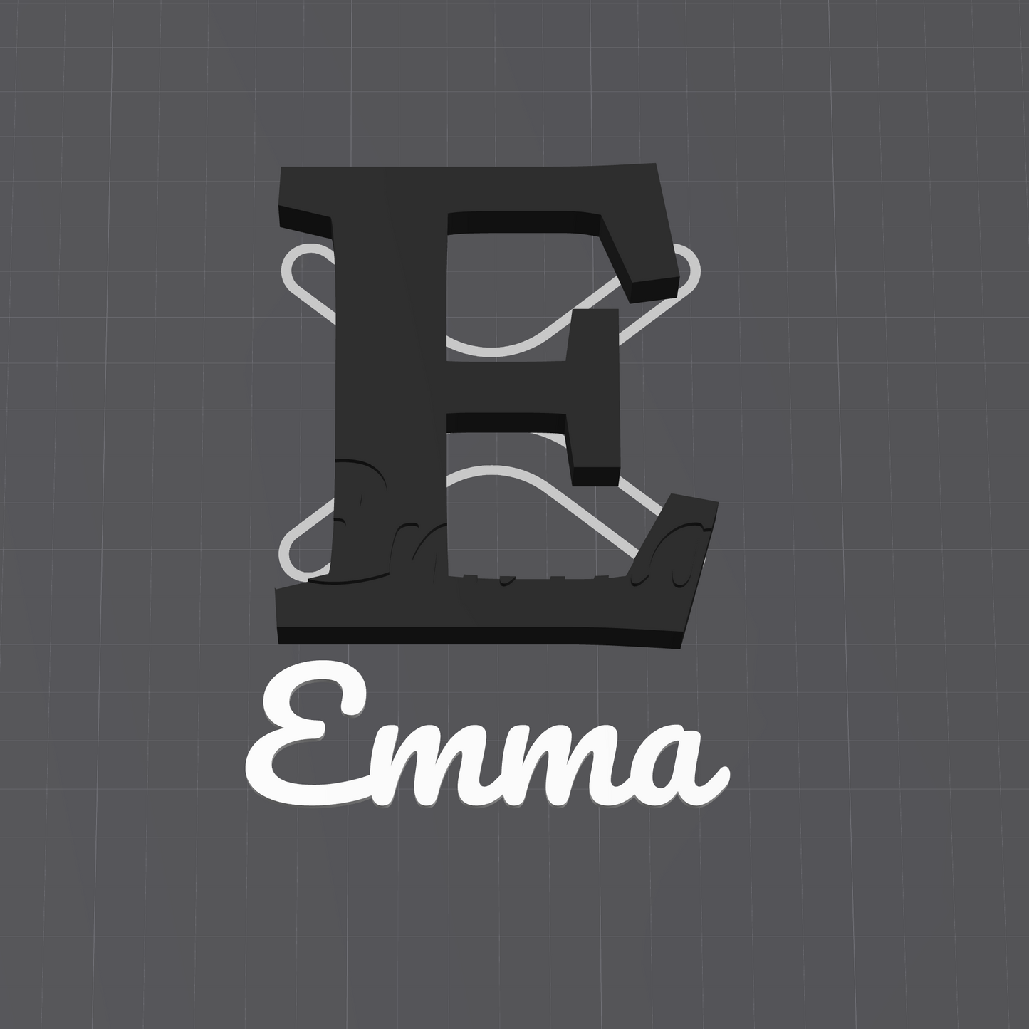 A 3D rendering preview of a custom monogram design featuring a black letter 'E' with a cracked texture, a white outline, and the name 'Emma' in white script below it, shown inside a software interface with SparkX branding.