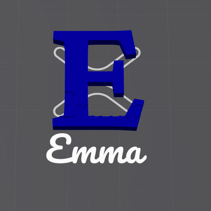 A digital preview of a 3D laser-cut design showing a blue letter 'E' with a cracked texture and the name 'Emma' in white script below it, displayed within the SparkX software interface.