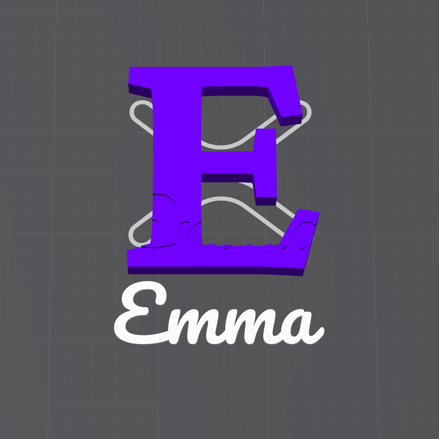 A 3D rendering of a custom monogram design showing a purple letter 'E' with a white outline and the name 'Emma' in white script below it, displayed within the SparkX design software interface.