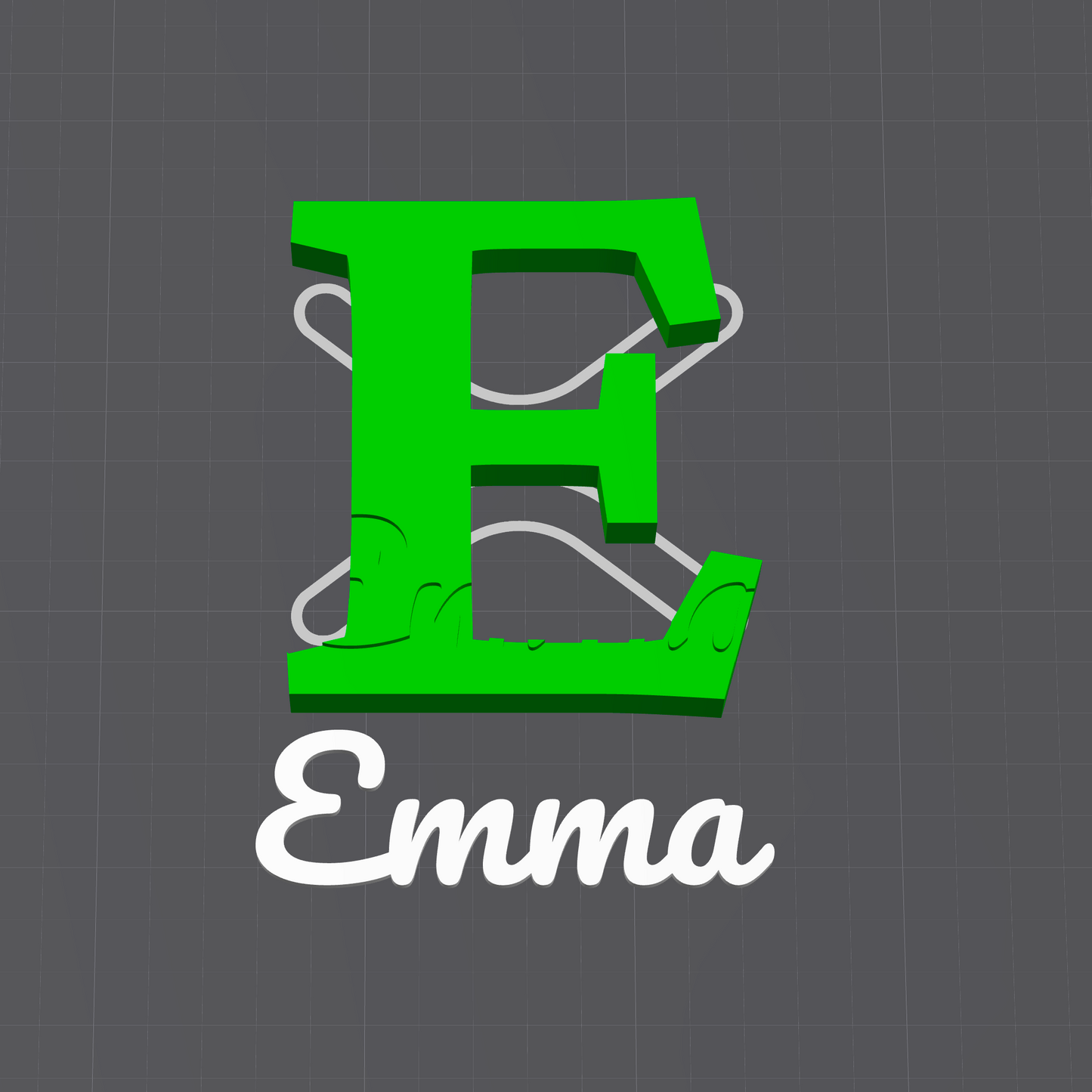 A 3D rendering preview of a custom SVG design for a laser cutter, featuring a green distressed letter 'E' with the name 'Emma' in white script underneath, displayed on the SparkX software interface.