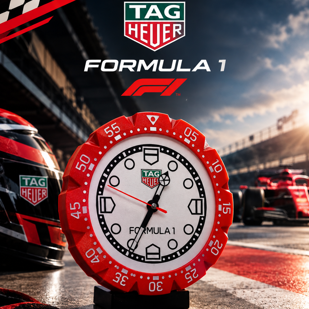 TAG Heuer Formula 1 clock watch displayed on a stand in a racetrack setting, with a red and white dial, Formula 1 branding, and racing helmets and cars blurred in the background.